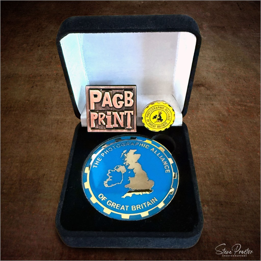 PAGB Master of Print badge, PAGB national competition winners badge and MPAGB pin badge in case